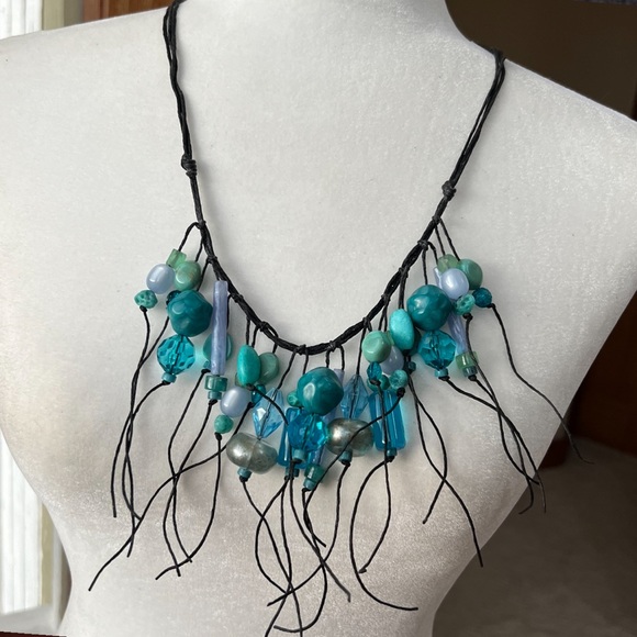 Vintage Teresa Goodall Black fringe Turquoise Blue Necklace 💙 - Picture 6 of 7